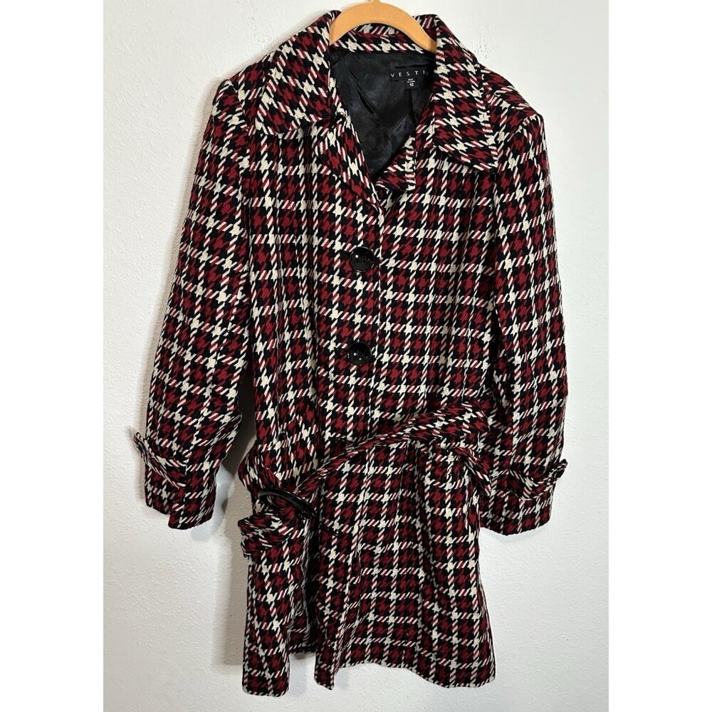 Vesti Women’s Tie Waist Red Black White Houndstooth Coat Jacket Size 12